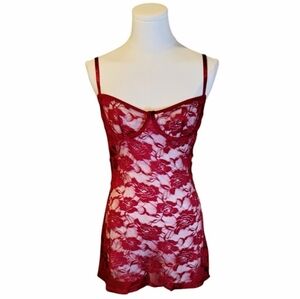 🔥Hot Red Lace Sheer Adjustable Spaghetti Strap Lingerie Slip & Bra Size Large